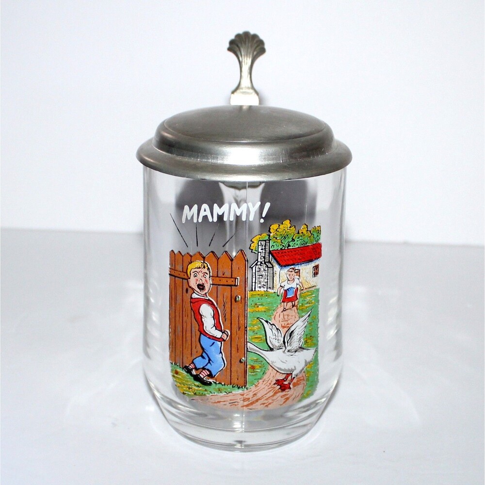 Vintage Glass Tankard Stein with Lid France naughty goose fun mug
